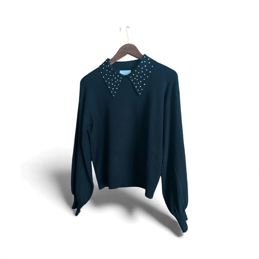 LIV Milano Black Embellished Classic Sweater with Rhinestone Studded Collar